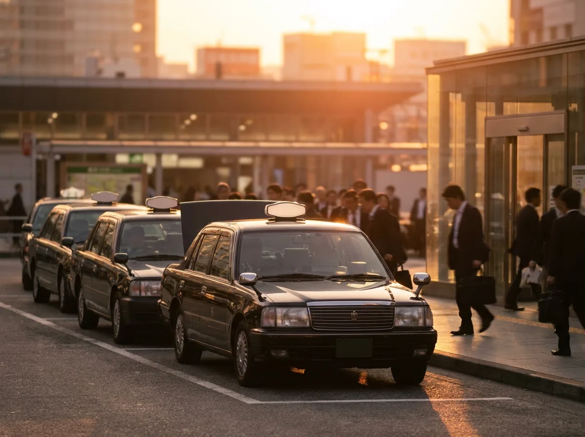 東京のターミナル駅前、夕方のタクシー乗り場