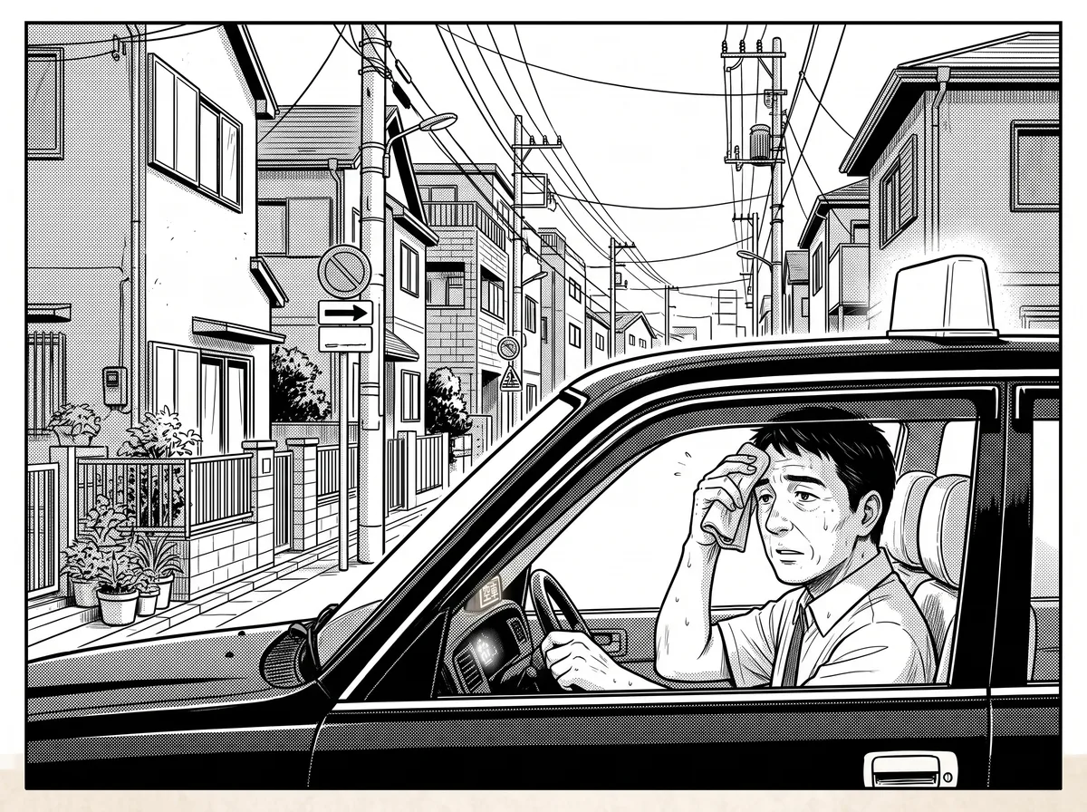 第1話 コマ 1。昼下がりの住宅街の一方通行。空車ランプのタクシーがゆっくり走る。運転席のケンジ、汗を拭きながら周囲を見回す。