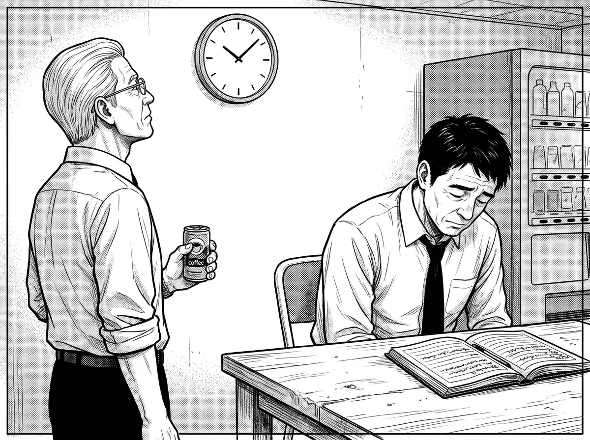 第1話 コマ 2。営業所の休憩室。缶コーヒーを持つ川島が壁の時計を見ている。ケンジは日報を前にうなだれる。