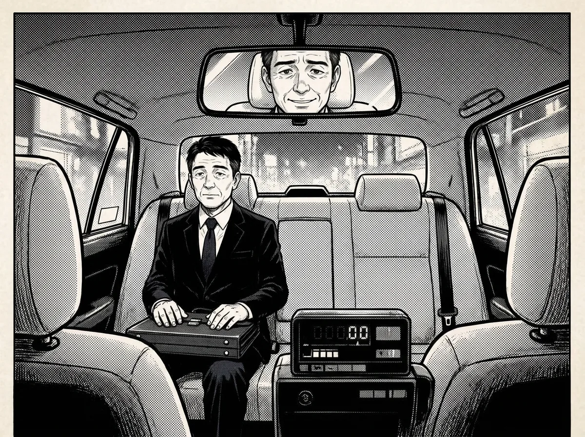第1話 コマ 5。車内。後部座席にスーツの中年男性。ケンジは緊張しつつバックミラーで会釈。メーターが動く。