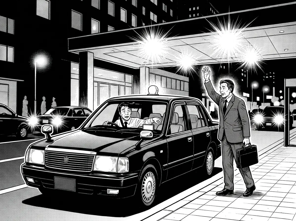 第1話 コマ 6。赤坂のホテル前で客を降ろした直後、歩道から別の男性が手を上げている。ケンジ、驚いた顔で空車ランプを消す。夜景。