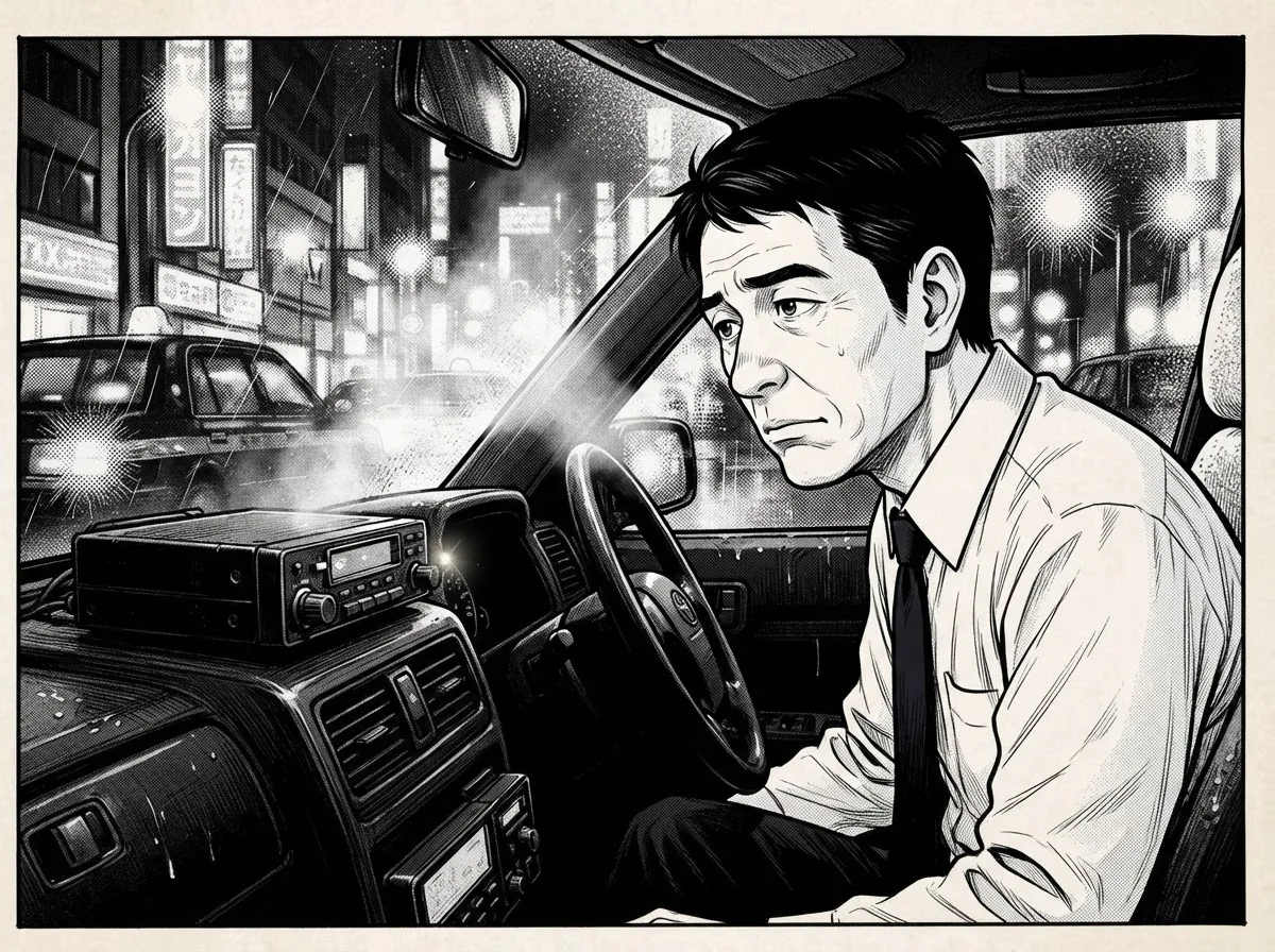 第2話 コマ 2。車内、無線から川島の声(吹き出しは無線マーク)。ケンジが耳を傾ける。