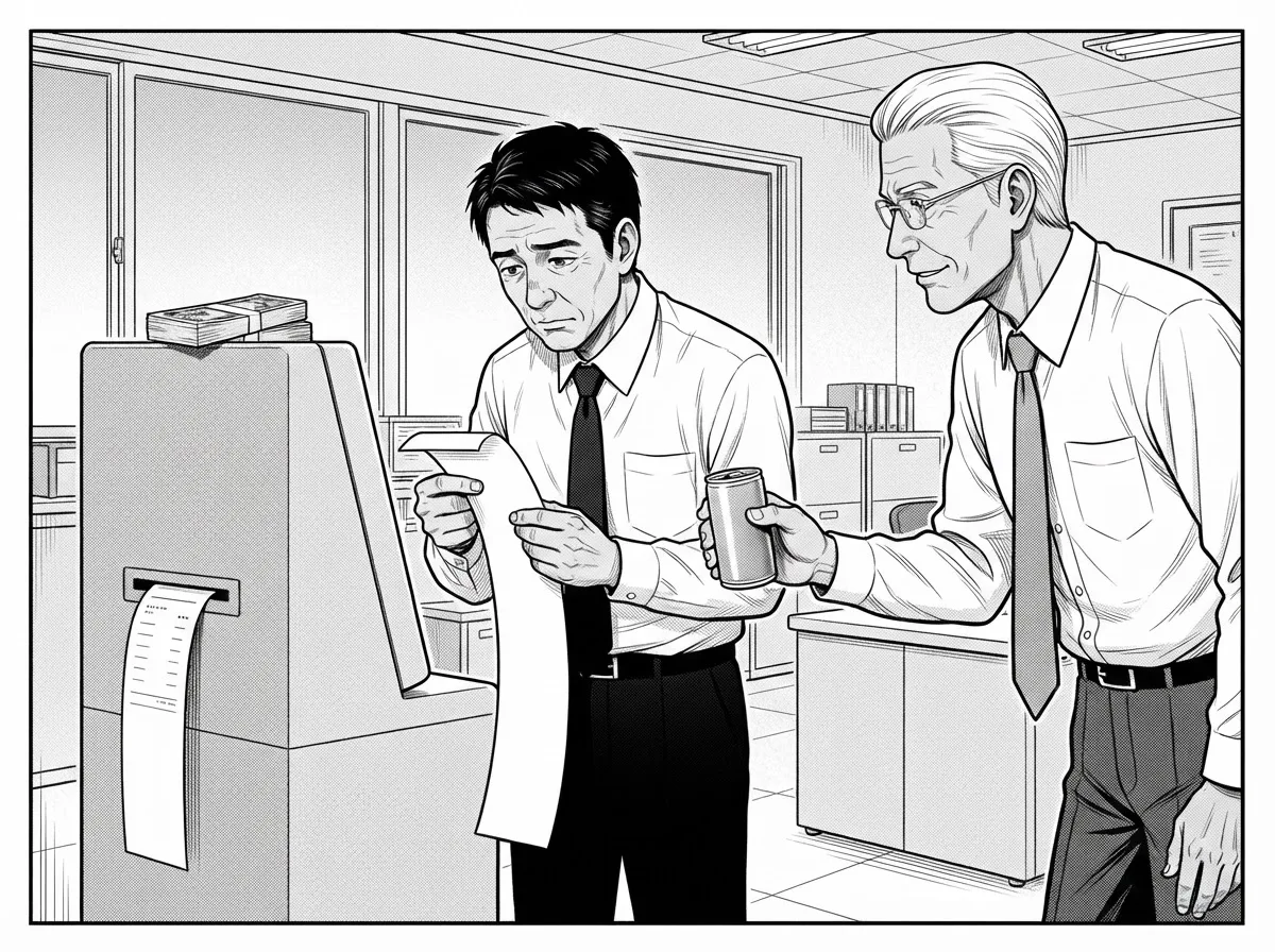 第2話 コマ 6。朝 6 時、営業所。納金機の前でレシートを見るケンジ。川島が缶コーヒーを差し出す。