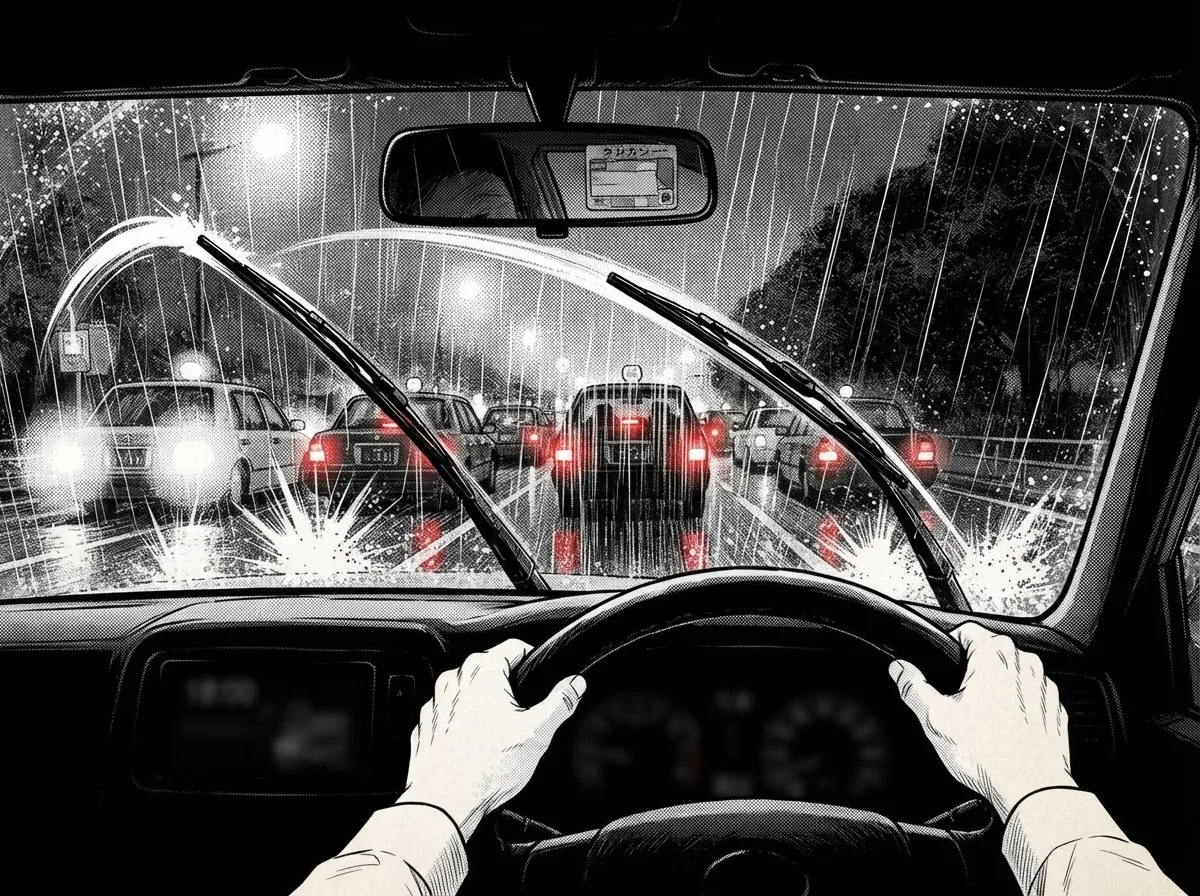 第3話 コマ 1。土砂降りの 18 時、日比谷公園の脇道。ワイパーが激しく動く。ケンジの車、渋滞にはまる。