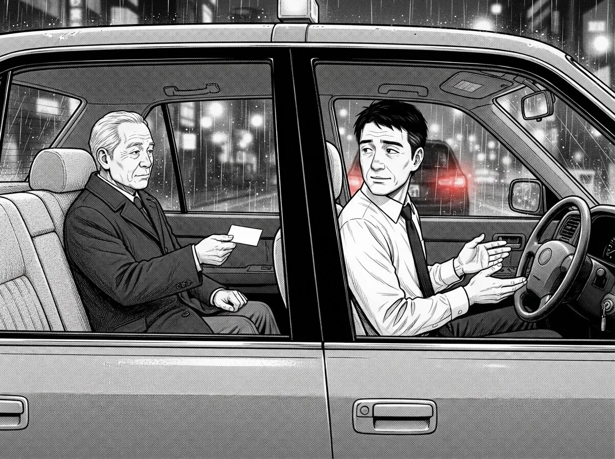第3話 コマ 5。車内、信号待ち。紳士が名刺サイズの紙をケンジに渡す。ケンジ、両手で受け取る。