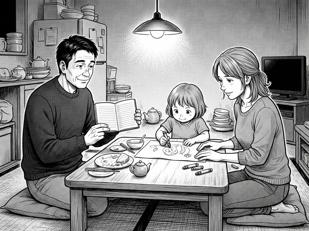 第3話 コマ 6。夜、自宅の食卓。娘が絵を描いている。ケンジが妻に手帳を見せている。手帳には「雨・18時・日比谷・ランプ」の文字。